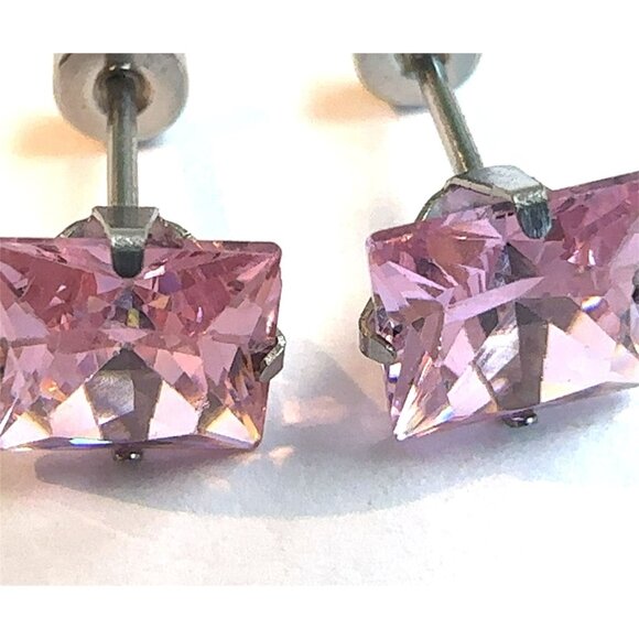 🆕 Stainless Steel 6MM Princess Cut CZ Pink Screw Back Earrings - Picture 4 of 5